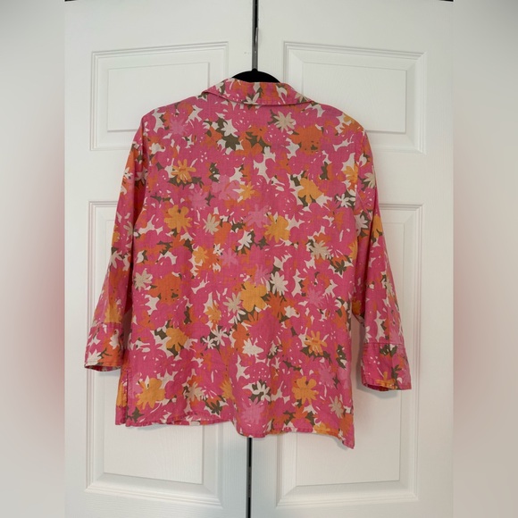 Sigrid Olsen 3/4 Sleeve Top Large Pink Orange Floral Linen Split Neck High Low - Picture 10 of 16
